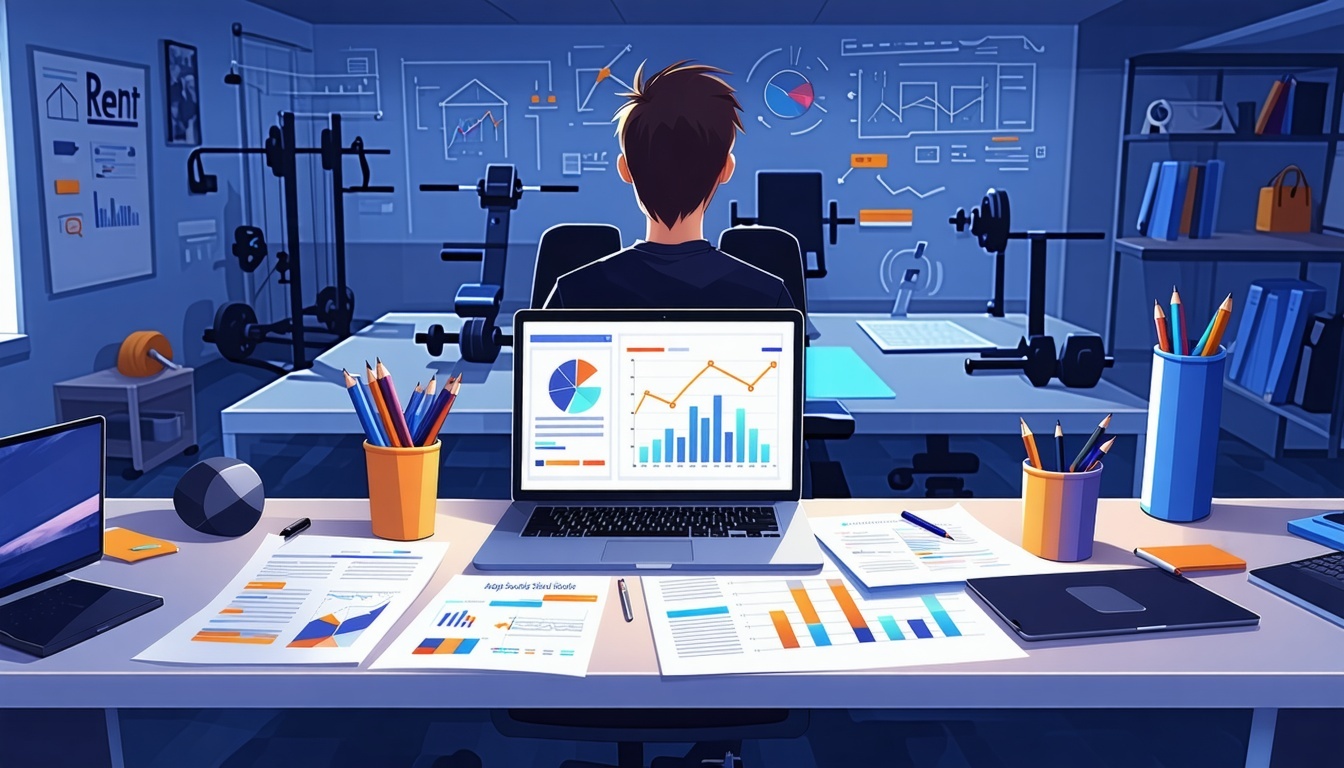 A modern digital illustration showing a focused individual genderneutral or a young fitness entrepreneur working late at a desk creating a business plan for a gym The laptop screen shows visible Excel spreadsheets with financial forecasts charts and