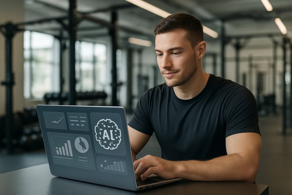 Realistic modern photo of a personal trainer working on a laptop in a professional gym environment The trainer is focused but relaxed wearing sporty m-2-compressed